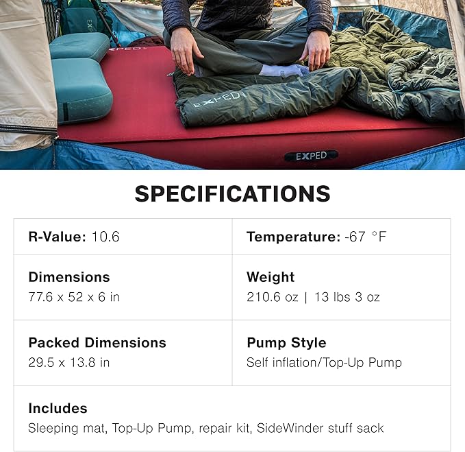 Exped MegaMat Max Duo Long Wide Plus - Self Inflating Plush Sleeping Mat 6” Foam Pad Pump Included