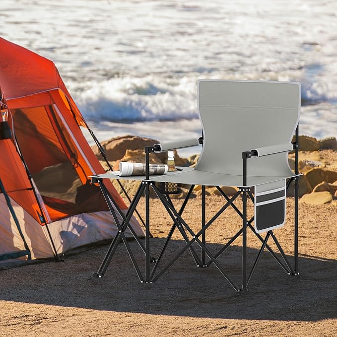 Goplus Oversized Camping Chair with Side Table Folding Heavy-Duty Picnic Chair w/ 2 Storage Pockets Cup Holder Padded Armrests Carrying Bag Portable Outdoor Chair for Fishing RV Trip (Gray2)
