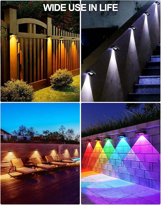 10 Pack Solar Fence Lights - 3 Modes 9 Colors Outdoor Solar Lights Waterproof IP 65 35lm for Step Stair Deck Wall Patio Walkway Porch
