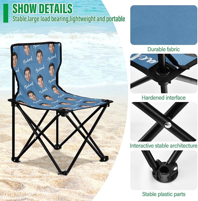 Steel Blue Custom Photo Folding Camping Chair for Teen Child Personalized Name 14.6×14.6in Portable Outdoor Chair with Carry Bag for Travel Barbeques Picnic