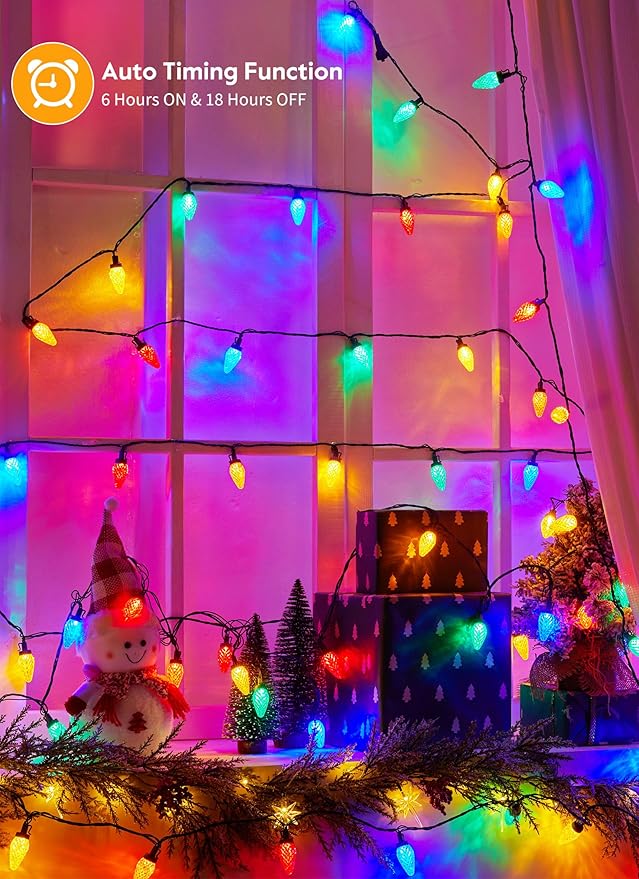 C9 Christmas Lights Outdoor 114 Feet 150 LED C9 String Lights with Timer &amp 8 Light Modes Waterproof Commercial Grade Connectable Christmas Tree Lights for Indoor Outside Roofline Patio Multicol