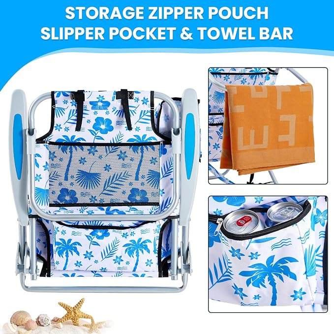 2 Pack Lightweight Portable Camping Beach Chair for Adults Outdoor Lay Flat Folding Beach Chairs with 5 Positions Backpack Beach Chair with Towe Zipper Pouch Cup Holder Blue Coconut Tree