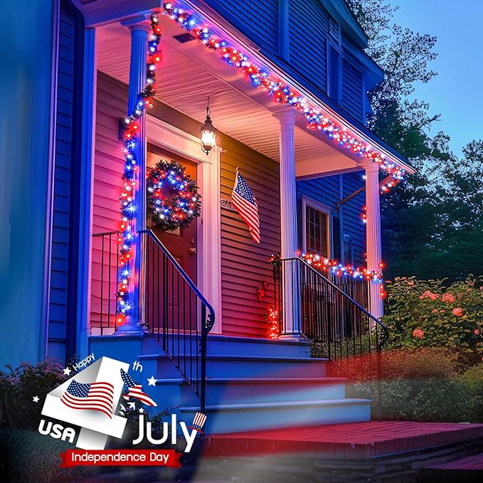 JMEXSUSS 400 LED Red White and Blue Lights Plug in 4th of July Decorations Patriotic Lights Outdoor for American Holiday Tree Party Independence Memorial Day Decor