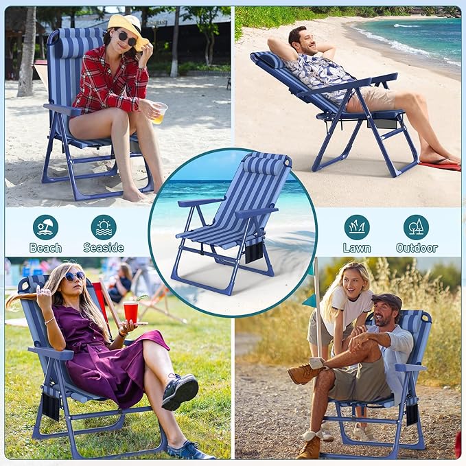 Suteck Backpack Beach Chairs for Adults 2 Pack 6-Position Folding Reclining Chair with Cooler Bag &amp Cup Holder Lightweight Portable Beach Chair for Camping Outdoor Sand Travel Use