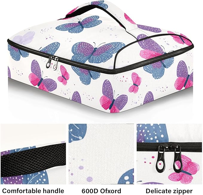 Casserole Carrier Beautiful Pattern ButterfliesInsulated Casserole Carrier for Hot or Cold Food Thermal Lunch Tote for Potluck Parties Picnic Beach Fits 9 x 13 Inches Baking Dish