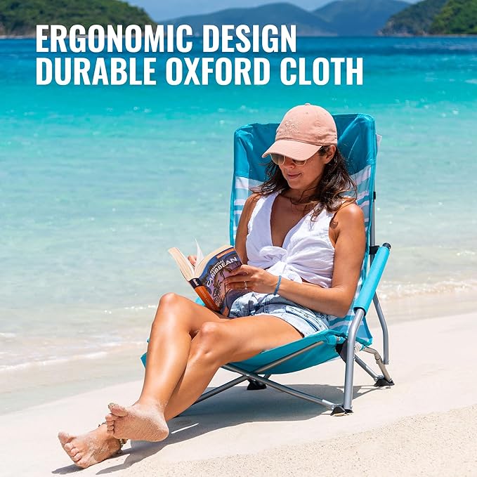 VILLEY Low Beach Chair High Back Folding Chair for Adults Lightweight and Portable for Outdoor Camping Lawn Music Festival with Cup Holder and Carry Bag - Blue Stripes
