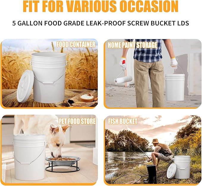 4 Pieces 5 Gallon White Bucket Lids 12inch Leak-proof Plastic Seal Screw Top Airtight Lids Reusable Drum &amp Pail Lid for Pet Food Storage Home Paint Storage and Industrial Storage Buckets