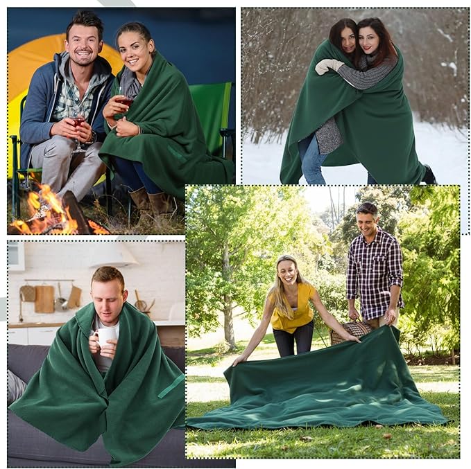 12 Pack Outdoor Blankets Bulk Foldable Picnic Blanket Camping Throws with Fleece Lining 48 x 53 in Large Size &amp Windproof for Stadium Camping Picnic Car Outdoor Sports Events(Green)