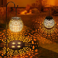 ODEETRONIC 2 Pack Warm White Outdoor Hanging Solar Garden Lanterns with Star Projection Retro Hollowed-Out LED Lights Waterproof for Yard Patio Lawn Porch Pathway Garden