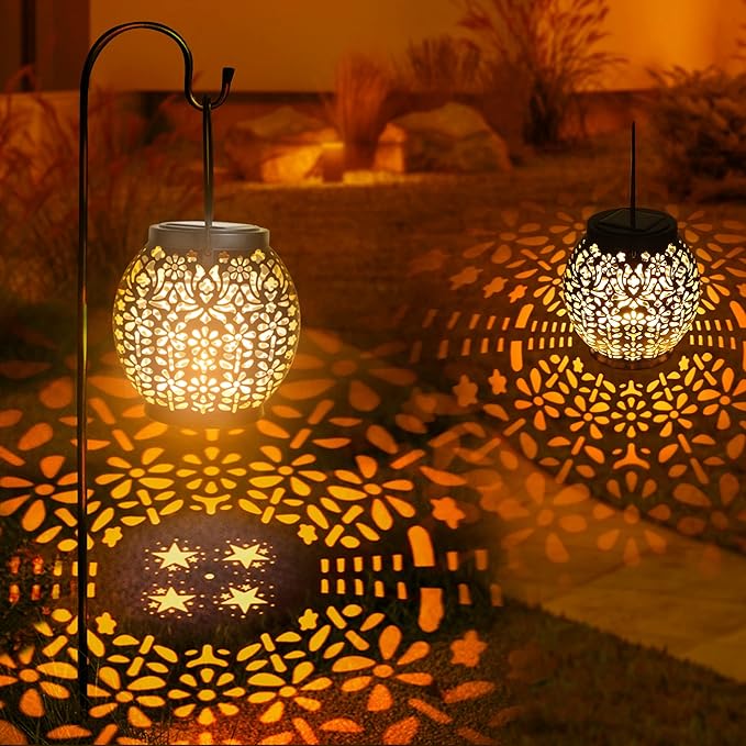 ODEETRONIC 2 Pack Warm White Outdoor Hanging Solar Garden Lanterns with Star Projection Retro Hollowed-Out LED Lights Waterproof for Yard Patio Lawn Porch Pathway Garden