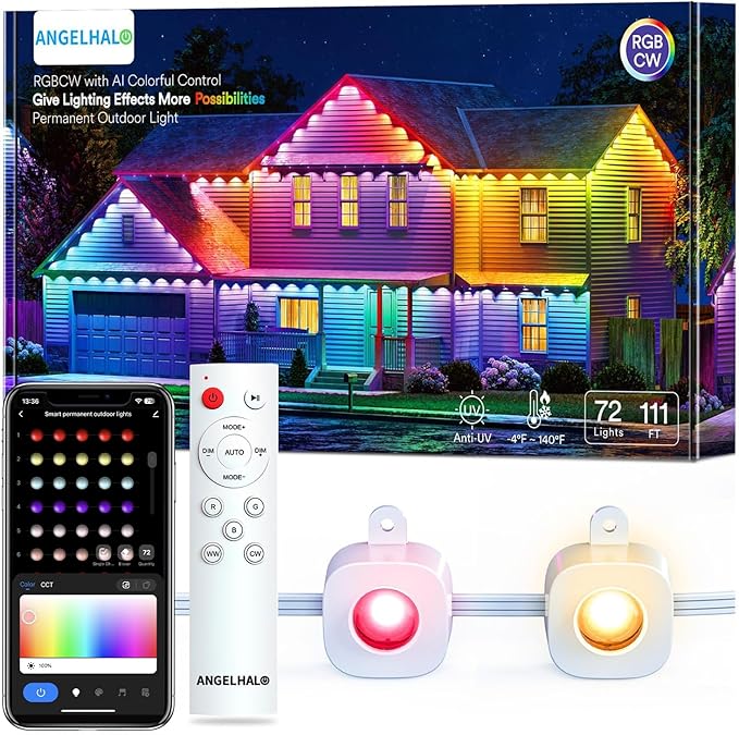 ANGELHALO Permanent Outdoor Lights 100ft Smart Outdoor Lights with 72 LED Lights Cool/Warm Eaves Lights IP65 Waterproof for Christmas Halloween Party Compatible with Alexa Google Assistant