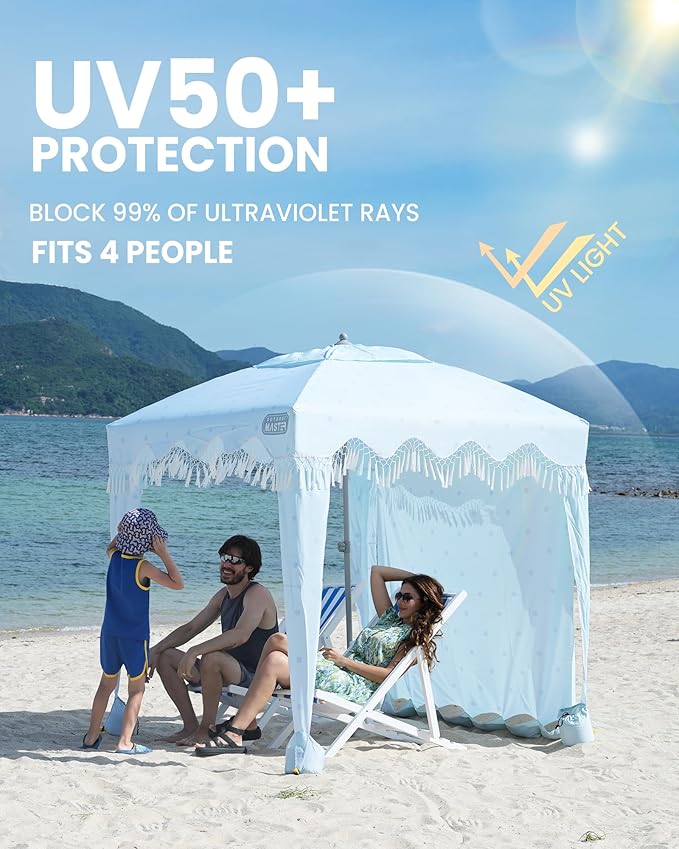 OutdoorMaster Beach Cabana with Fringes Portable 6' x 6' Beach Canopy for Sand Easy Set Up Beach Shelter Included Side Wall UPF 50+ UV Protection Sun Umbrella - for Family &amp Friends