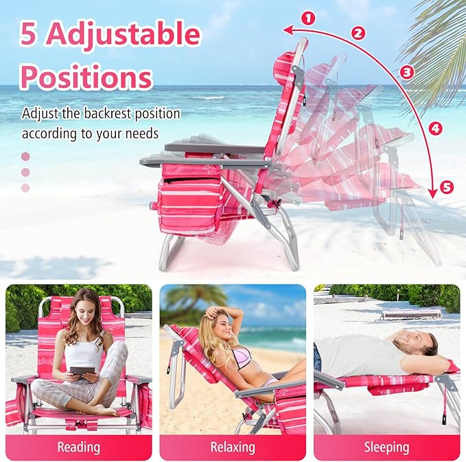 Tangkula Backpack Beach Chair with Table 5-Position Lay Flat Beach Chairs with Cooler Bag 2 Cup Holders Towel Bar Lightweight Low Folding Beach Chair with Backpack Straps