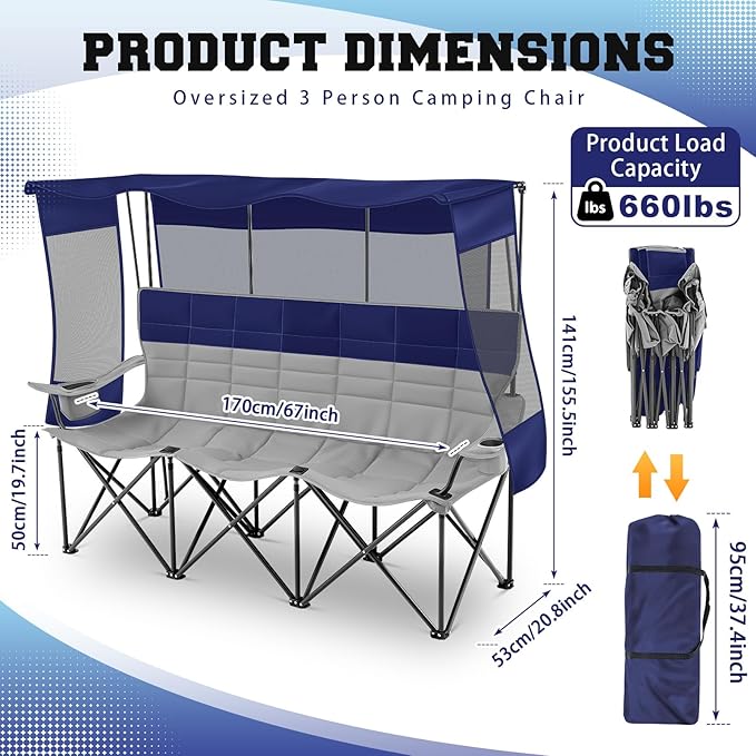 3 Person Beach Camping Chair with Canopy Shade Oversized Folding Loveseat 700lbs Heavy Duty Couch with Cup Holder Carry Bag for Lawn Outdoor Beach (Green Grey Canopy Camp Chair)