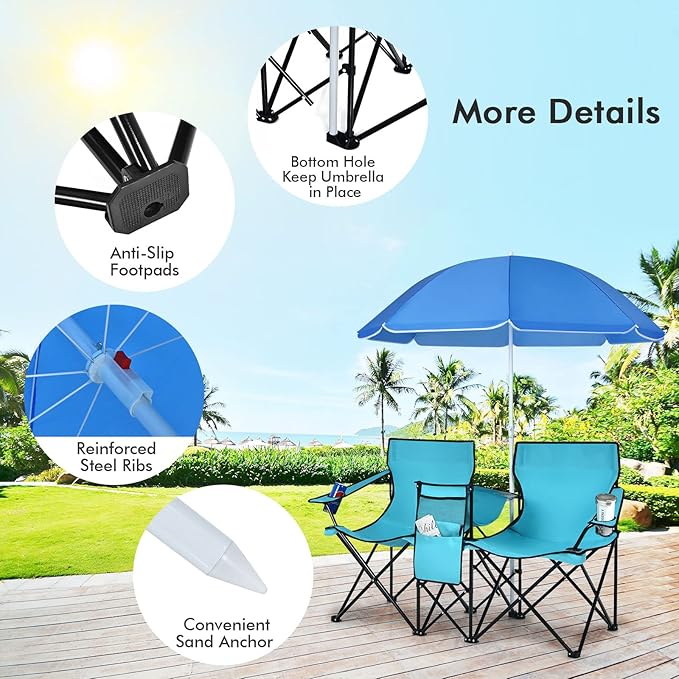 COSTWAY Double Portable Picnic Chairs Folding Camping Chairs w/Detachable Umbrella Cooler Bag Cup Holders Patio Beach Camping Chairs for Outdoors