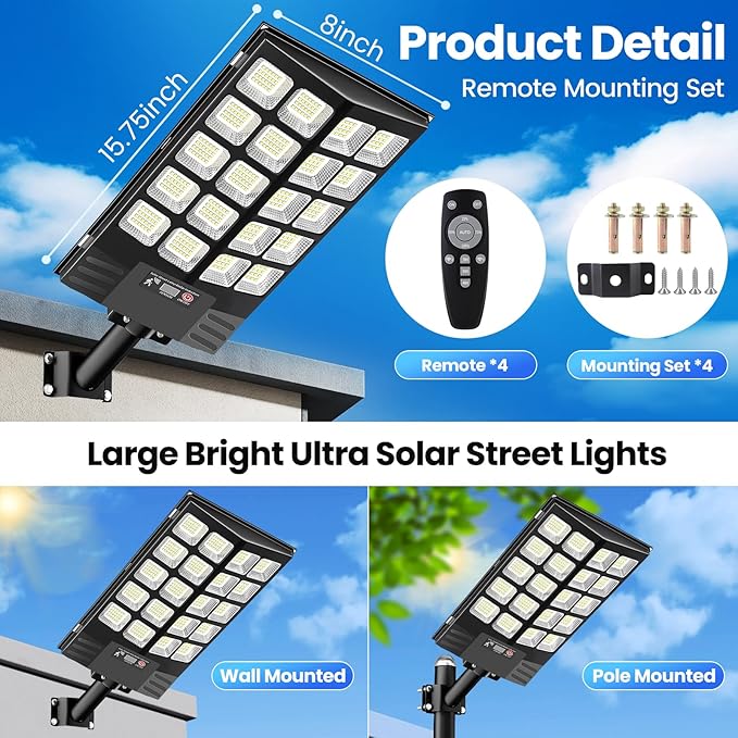 4 Pack 16 Large Solar Street Lights Outdoor Waterproof - Solar Powered Security Parking Lot Light Dusk to Dawn 60000LMMotion Sensor Commercial LED Solar Flood Lights Remote Control for Outside Yard