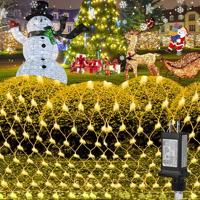 (Upgraded) Outdoor Christmas Lights 360 LED Sturdy Net Lights 12x5Ft Outdoor String Lights [8 Modes &amp Waterproof] Christmas Decoration for New Year Bushes Gardens Lawns Patio Decor - Warmwhi