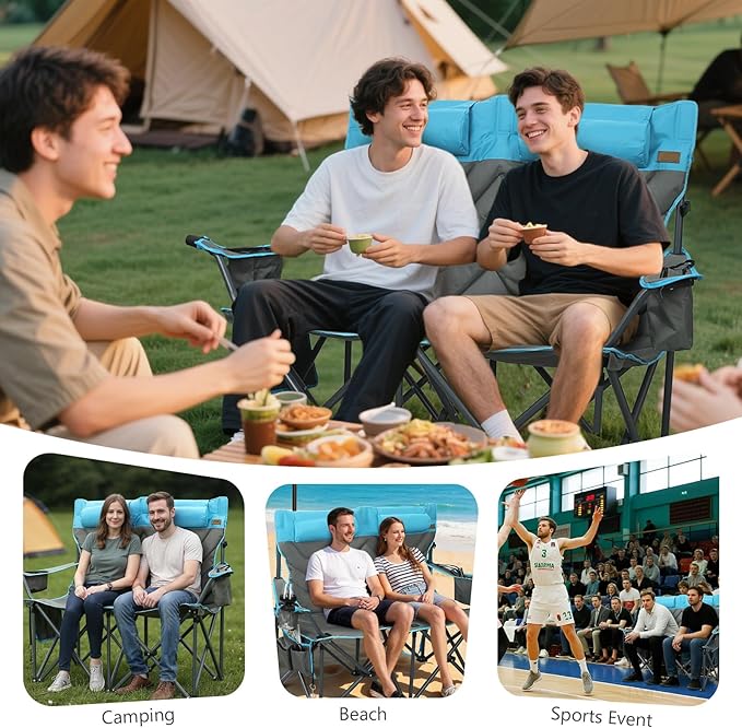Oversized Double Camping Chair Heavy Duty Camping Loveseat Extra Tall 2 Person Lawn Chair for Adults Foldable Camping Chairs with Cup Holders Perfect for Outdoor Sports Backyard(Bluegray)