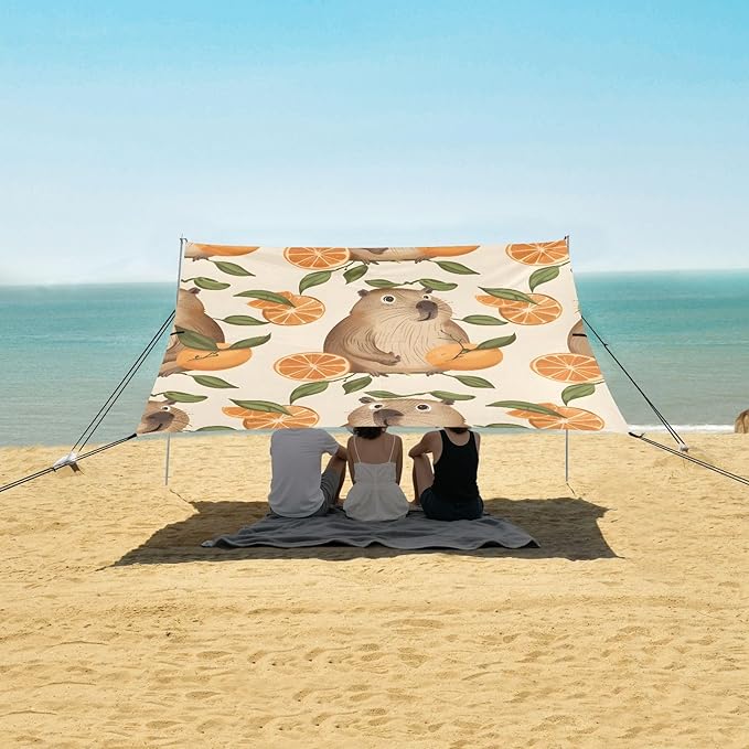 Cute Capybaras with Juicy Oranges Camping Sun Shelter Beach Tent Portable Beach Sun Shade Outdoor Canopy for Camping Trips Fishing Picnic