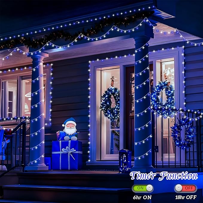 YEGUO 165ft 500 LED Blue and White Christmas Lights Outdoor Waterproof Clear Wire String Lights Indoor Plug in 8 Modes Clear Wire Twinkle Tree Light for Xmas Party Garden