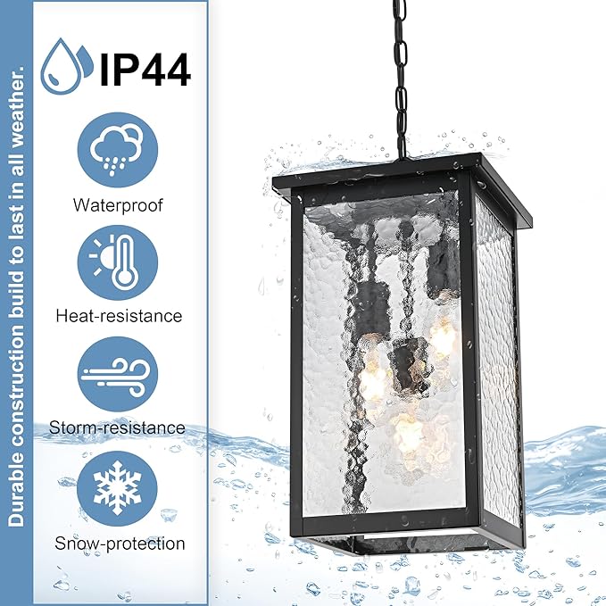 TODOLUZ Large 3-Light Outdoor Pendant Light Fixture Exterior Hanging Porch Lighting with Hammered Glass Adjustable Long Chain &amp E26 Bulb Base