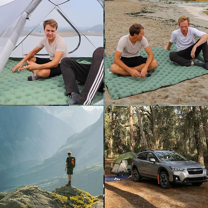 2 Person Inflatable Sleeping Pad for Camping Ultralight Double Camping Mat Air Mattress Foot Pump Durable Waterproof Compact Sleeping Mat for Outdoor Backpacking Hiking Green