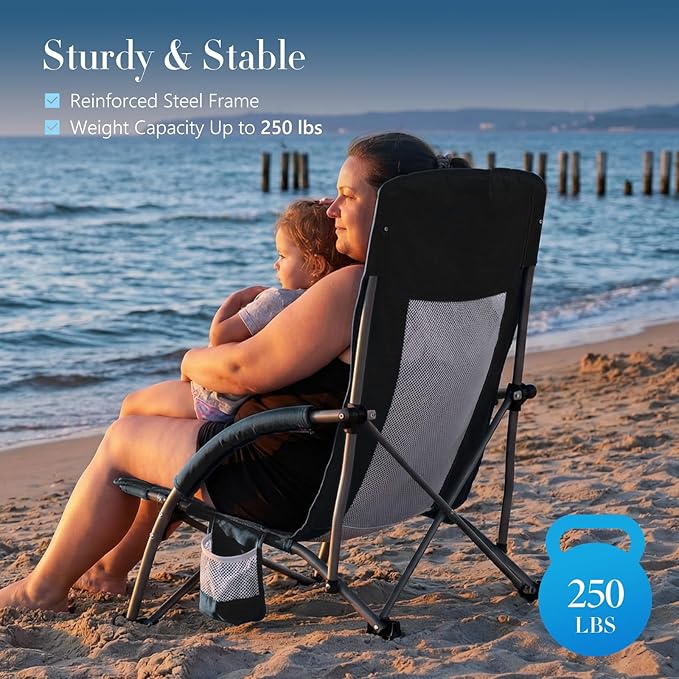 DUMOS Low Beach Chair for Adults Lightweight Folding Beach Chair with Cup Holder Storage Bag Breeze Mesh Back Padded Armrests Compact Low Profile Chair for Camp Picnic Lawn Sand