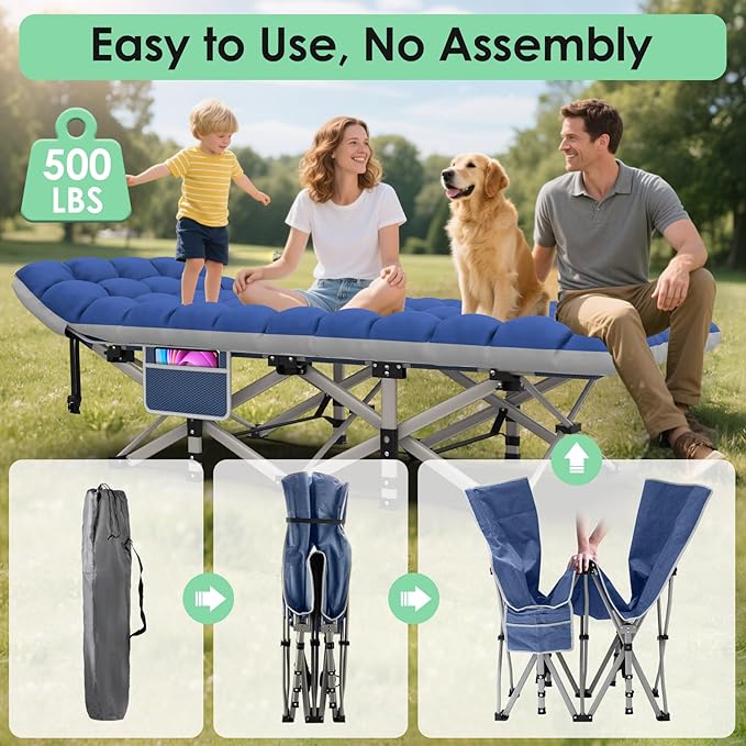 Suteck Camping Cot Folding Camping Cot Bed for Adults Sleeping 1200D Double Layer Oxford Portable Folding Outdoor Cots for Camping W/Soft Pad Carry Bag for Home Office Nap Beach Travel 500LBSBlue