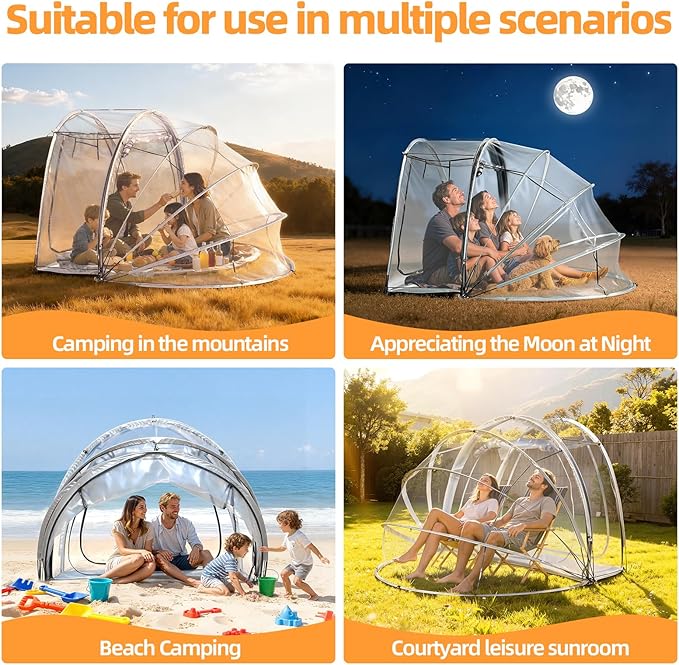 Transparent Bubble Tent Outdoor Sun Tent 4 Person Plastic Bubble Tents Garden Courtyard Use PVC Cover Glass Rod Frame Zipper Closure for Yard Camping All Weather Outdoor Shelter