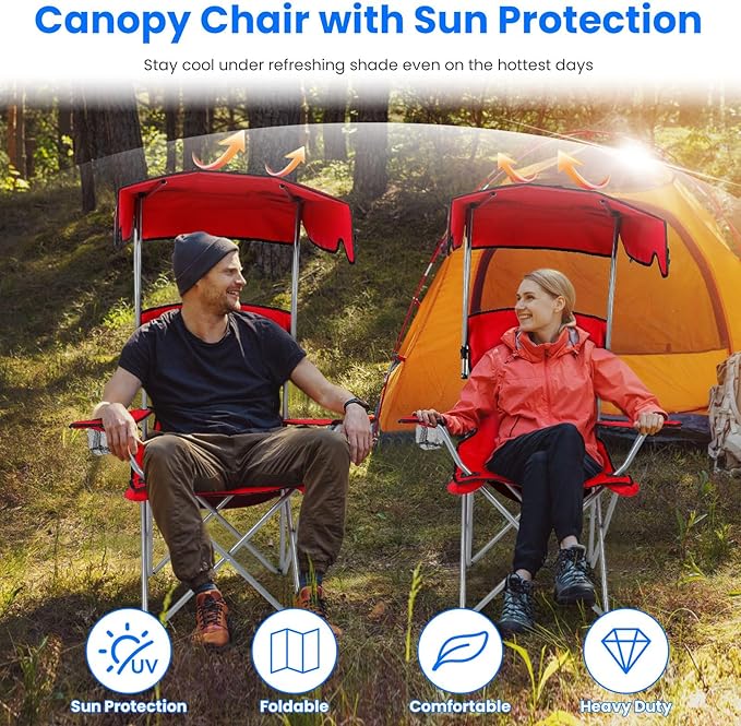 Camping Chair with CanopyOutdoor Folding Chair with Adjustable Shade &amp Cup Holder Heavy Duty Beach Chair for Adult Portable Camping Recliner Support 334 LBS