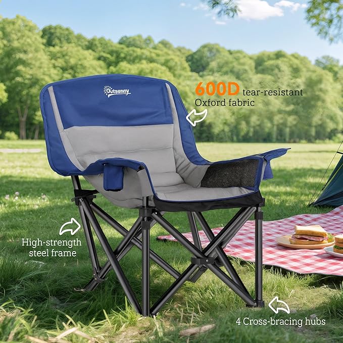 Outsunny Double Camping Chair for Adults Padded Folding Camp Chair for 2 Person with Armrest Wine Glass Holder Cup Holder Carry Bag for Outdoor Sports Picnics Supports up to 552 lbs.