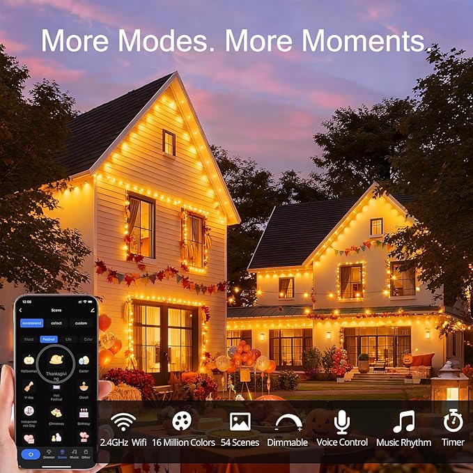 50FT Permanent Outdoor Light with 36 LED Lights Smart RGB Color-Changing Eaves Lights Waterproof Exterior Lights for House Trim App Control Perfect for ChristmasHolidaysDaily Lighting