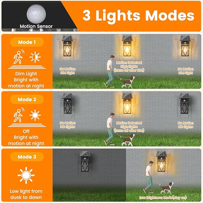Solar Porch Lights Outdoor Dusk to Dawn &amp Motion Sensor Solar Wall Light with Lantern Shape 3 Modes IP65 Waterproof E26 Bulb Exterior Sconce for Front Porch Garage Patio Security