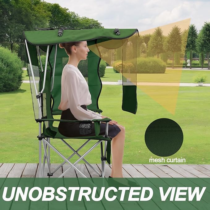 ptlsy Folding Camping Chair with Canopy Beach Chair with Canopy Shade with Cup Holders Cooler Bag for Camping Fishing Beach Sports and Concert (Green)