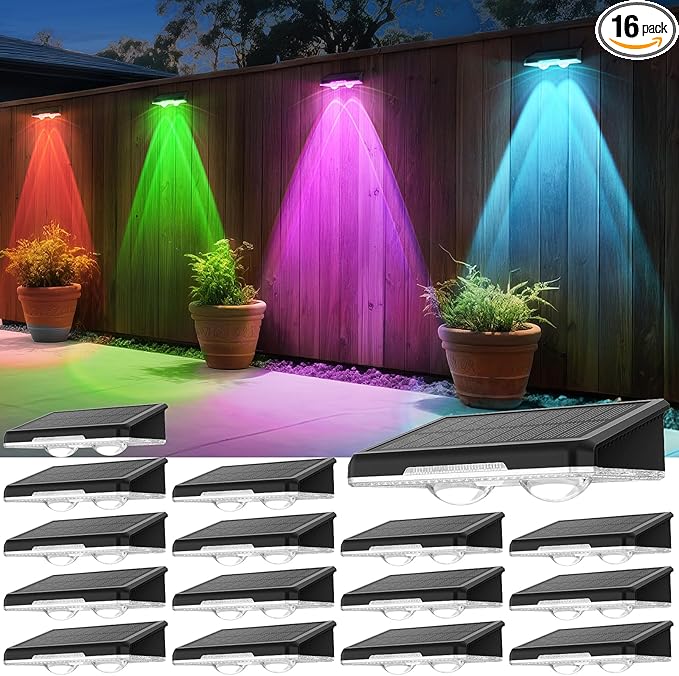 Solar Fence Lights Outdoor 16 Pack - 8 Modes (RGB Cycle/Fixed) Fence Lights Solar Powered for Outside IP65 Waterproof Deck Lighting for Wall Step Patio Pathway Stairs