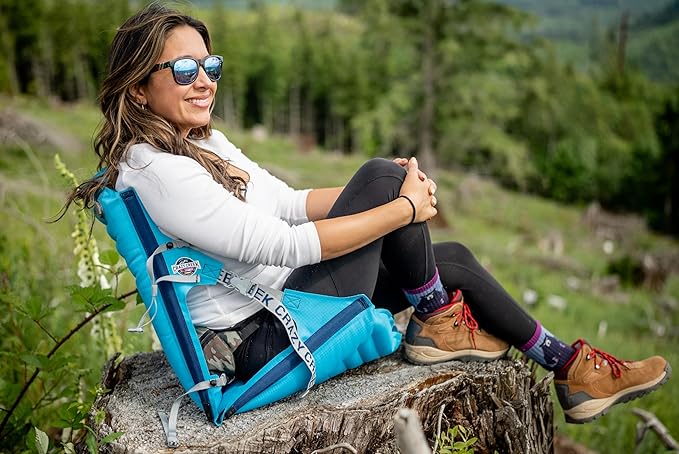 Crazy Creek Inflatable AirCliner Original Chair for Camping Backpacking Beaches Comfort on All Terrains Adjustable Straps Compact Design Dual Purpose Chair and Pad in one Big Sky Blue