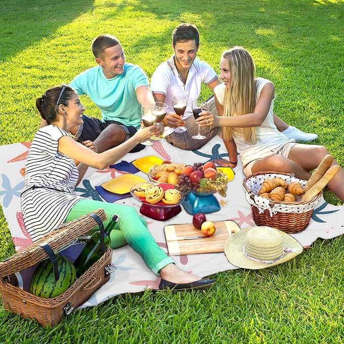 Waterproof Sandproof Beach Blanket 59''×68'' Starfish Polyester Outdoor Picnic Blanket with 4 Stakes &amp Storage Bag for BeachCampingVacation White Background