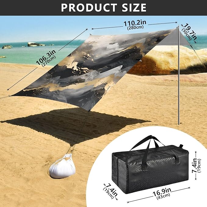 Black Gold Grey Marble Camping Sun Shelter Beach Tent Portable Beach Sun Shade Outdoor Canopy for Camping Trips Fishing Picnic