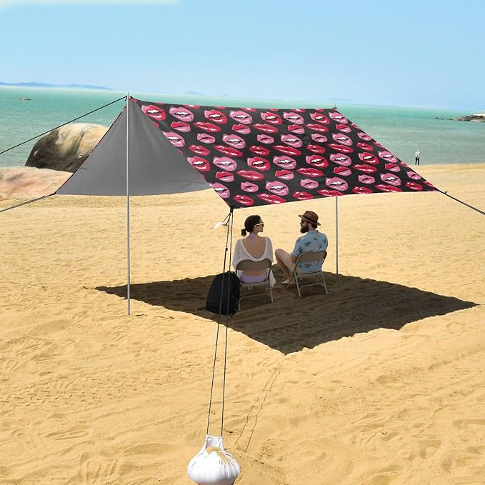 ALAZA Lips Red &amp Pink Beach Tent Sun Shelter UPF50+ Protection Beach Shade Canopy w/ 4 Sandbags for Outdoor Camping Fishing Backyard Fun Picnic 10x9 ft
