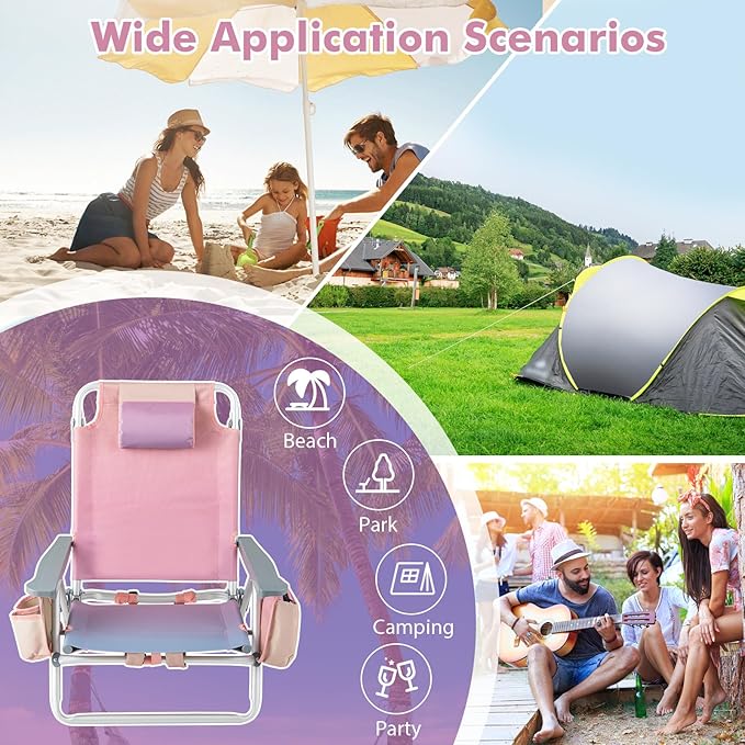 Giantex Folding Beach Chair Patio Sling Chairs with 5 Adjustable Position Head Pillow Storage Bag Towel Bar Cup Holders Backpack Chairs for Sunbathing Camping Chair