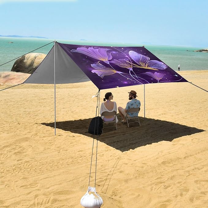ALAZA Purple Butterfly Calla Lily Beach Tent Sun Shelter UPF50+ Protection Beach Shade Canopy w/ 4 Sandbags for Outdoor Camping Fishing Backyard Fun Picnic 10x9 ft