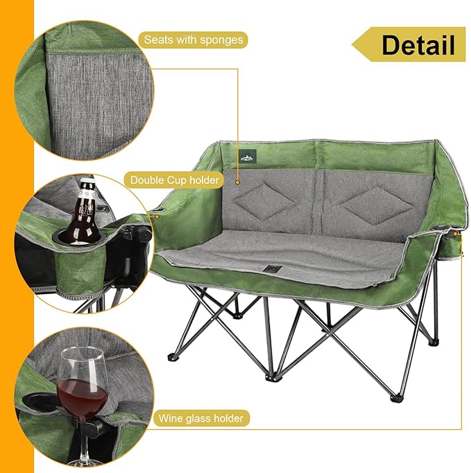 Northroad Folding Loveseat Camping Chair Portable Double Duo Full Padded Garden Chair for 2 Person Sofa w/ 2 Cup HolderWine Glass HolderMesh StorageSupport 600lbs for Picnic Beach Travel (Green)