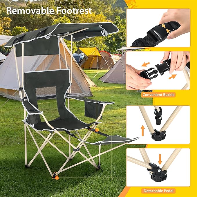 Camping Chairs with Shade Sports Chair with Canopy Folding Camping Chair with Cooler and Cup Holder Foldable and Lightweight for Camping Sports Events &amp Patio (1-Pack with Footrest)