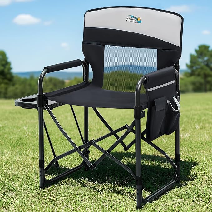 Camping Chairs for Adults Directors Chair with Side Table 1-Step Setup Mesh Backrest Folding Lawn Chairs with Pocket Foldable Camp Chair for Outdoor Picnic Sports and Fishing Black
