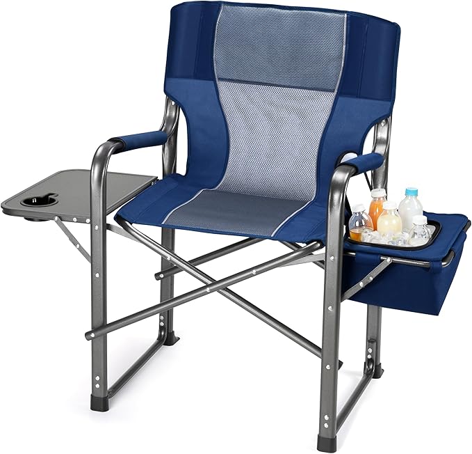 Camping Directors Chairs for Adults Heavy Duty with Table and Cooler Bag Oversized Portable Folding Chair for Beach Fishing Trip Picnic(Breathable Comfort Cushion Blue)