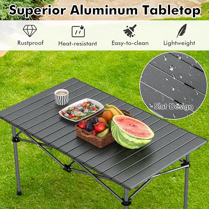 Tangkula Aluminum Folding Camping Table Lightweight Roll-up Camp Table for 4-6 People with Large Tabletop &amp Carry Bag Portable Picnic Table for Outdoor Camping Travel BBQ Party