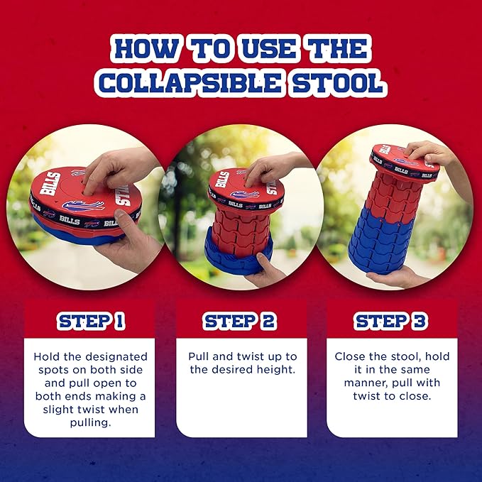 Sporticulture NFL Buffalo Bills Telescoping Collapsible Stool 500lbs Max Weight Portable Adjustable Height Folding Camping Stool with Carry Strap Retractable Stadium Have A Seat Outdoor Sports Fan