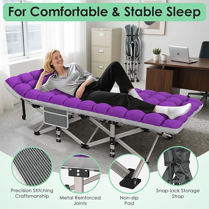 Suteck Camping Cot Folding Camping Cot Bed for Adults Sleeping 1200D Double Layer Oxford Portable Folding Outdoor Cots for Camping W/Soft Pad Carry Bag for Home Office Nap Beach Travel 500LBSPurple