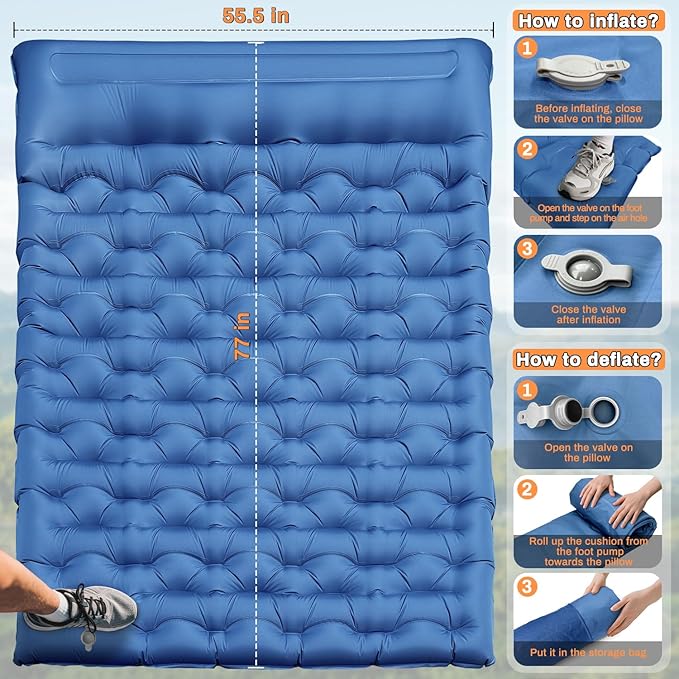 Double Sleeping Pad for Camping Extra Thick 6 Inch Sleeping Mat Camping for 2 Person Self Inflating Camping Pad with Built-in Pillow &amp Foot Pump Inflatable Camping Mat for Backpacking Hiking Tent