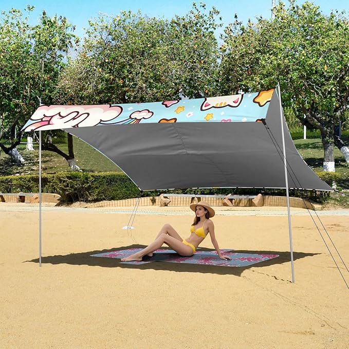 ALAZA Kawaii Cute Cats Beach Tent Sun Shelter UPF50+ Protection Beach Shade Canopy w/ 4 Sandbags for Outdoor Camping Fishing Backyard Fun Picnic 10x9 ft